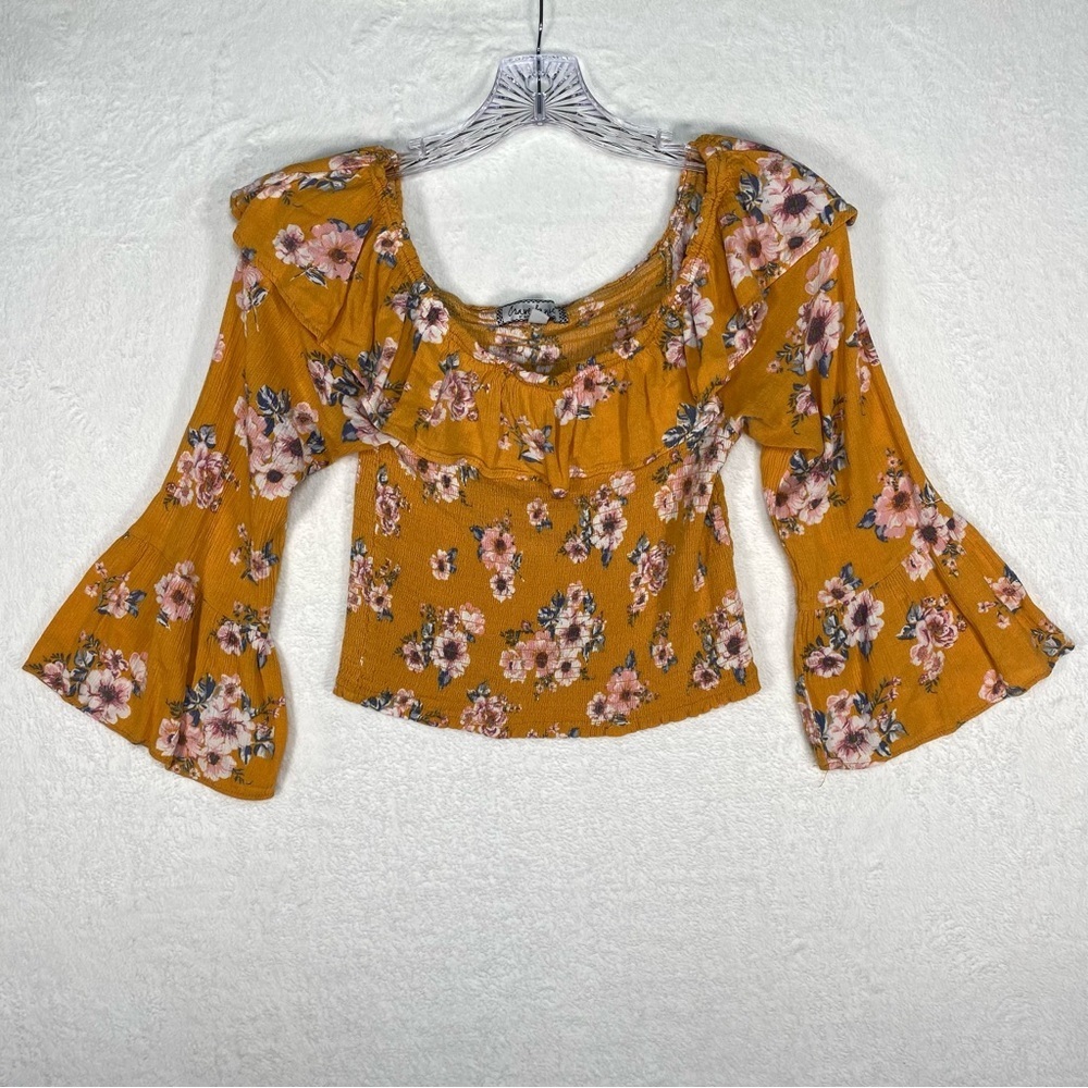 Crave Fame Boho Floral Mustard Ruffle Top Bell Sleeve Cottagecore Milkmaid Sz L
